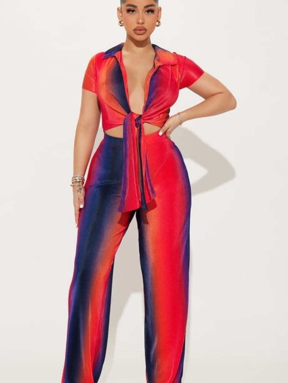 Fashion Nova Red and Blue Ombre Tie-Front Wide Leg Set